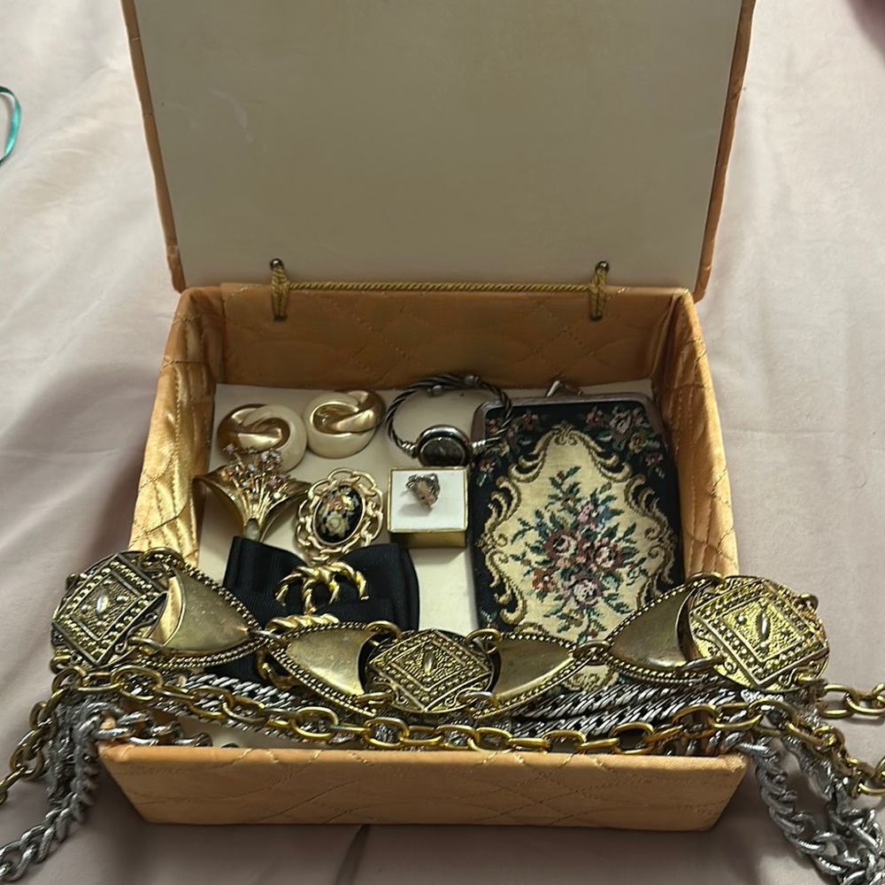 Vintage Jewelry Box with Gold and Silver Accessories